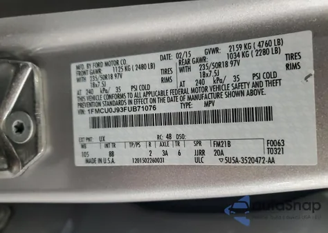 2015 Ford Escape Titanium z USA, uszkodzony, nr VIN 1FMCU0J93FUB71076